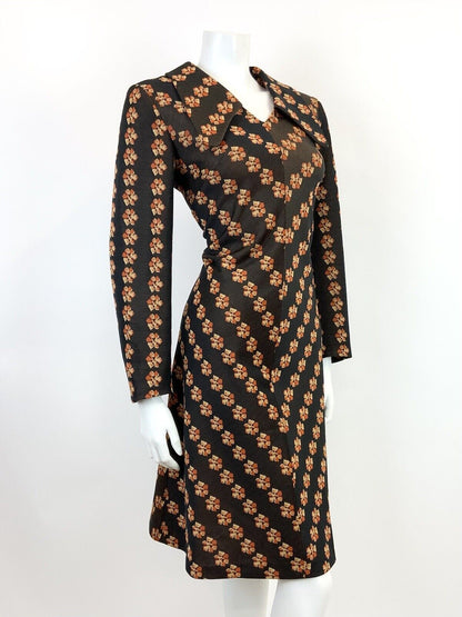 VTG 60s 70s BROWN ORANGE YELLOW FLORAL STRIPED SPOON COLLAR SHIRT DRESS 14 16