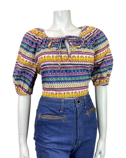 VTG 70s BLUE YELLOW PINK STRIPED DAISY GEOMETRIC PUFF SLEEVE BOHO BLOUSE 12 14