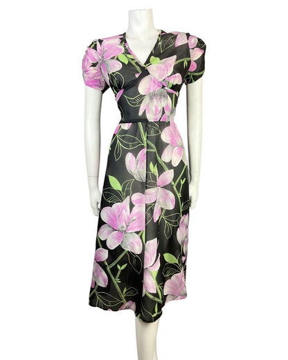 VINTAGE 60s 70s BLACK GREY PURPLE FLORAL SHEER SWING DRESS 12