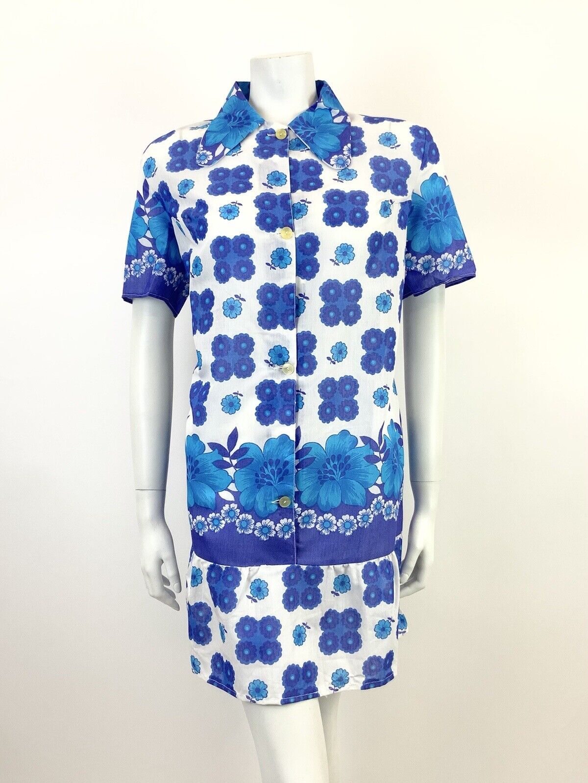 VINTAGE 60s 70s WHITE BLUE PURPLE FLORAL DOG EAR COLLAR MOD SHIRT SHIFT DRESS 16