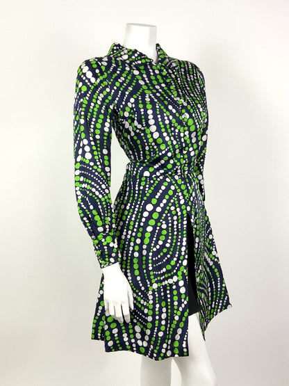 VINTAGE 60s 70s NAVY BLUE GREEN WHITE DOTTY WAVY MOD SPLIT SHIRT DRESS 10