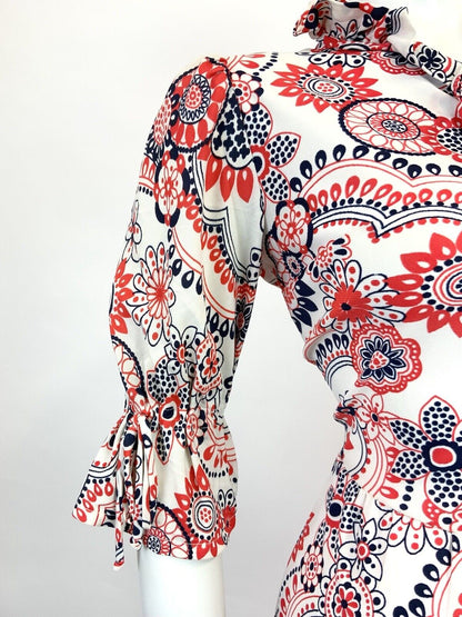 VINTAGE 60s 70s WHITE RED BLUE FLORAL MANDALA PSYCHEDELIC MOD RUFFLE DRESS 12 14