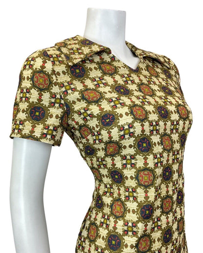 VINTAGE 60s 70s CREAM GOLD BLUE ORNATE CHECKED MOD SHORT SHIRT DRESS 10 12