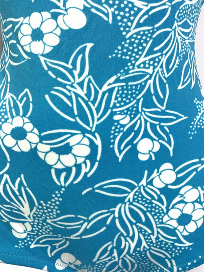 VTG 60s 70s BLUE WHITE FLORAL LEAFY MOD LOW-RISE SWIM BODY SUIT 9 10