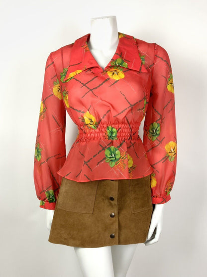 VTG 60s 70s RED / ORANGE YELLOW GREEN FLORAL WING COLLAR RUCHED BLOUSE TOP 8 10
