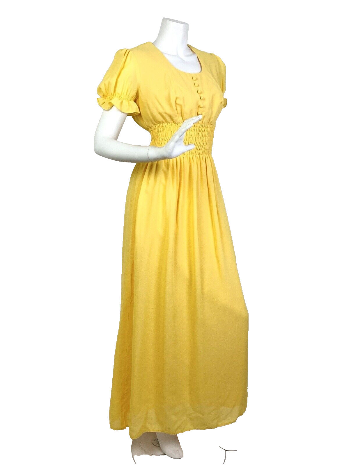 VINTAGE 60s 70s SUNSHINE YELLOW PUFF SLEEVE PRAIRIE BOHO MAXI DRESS 10 12