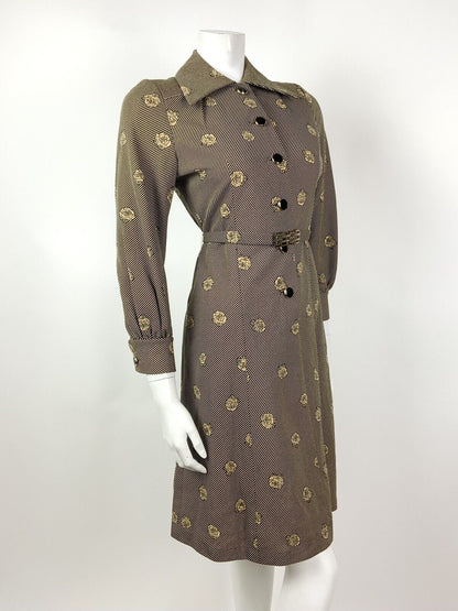 VINTAGE 60s 70s GOLD BLACK STRIPED ROSE FLORAL DAGGER SHIRT DRESS 10 12