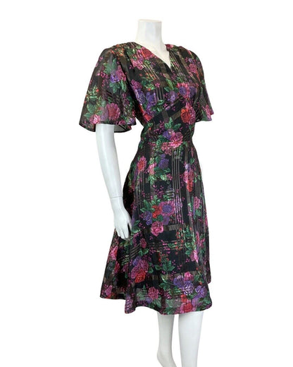 VINTAGE 60s 70s BLACK PINK PURPLE PLAID FLORAL ROSE SHEER SWING TEA DRESS 10 12
