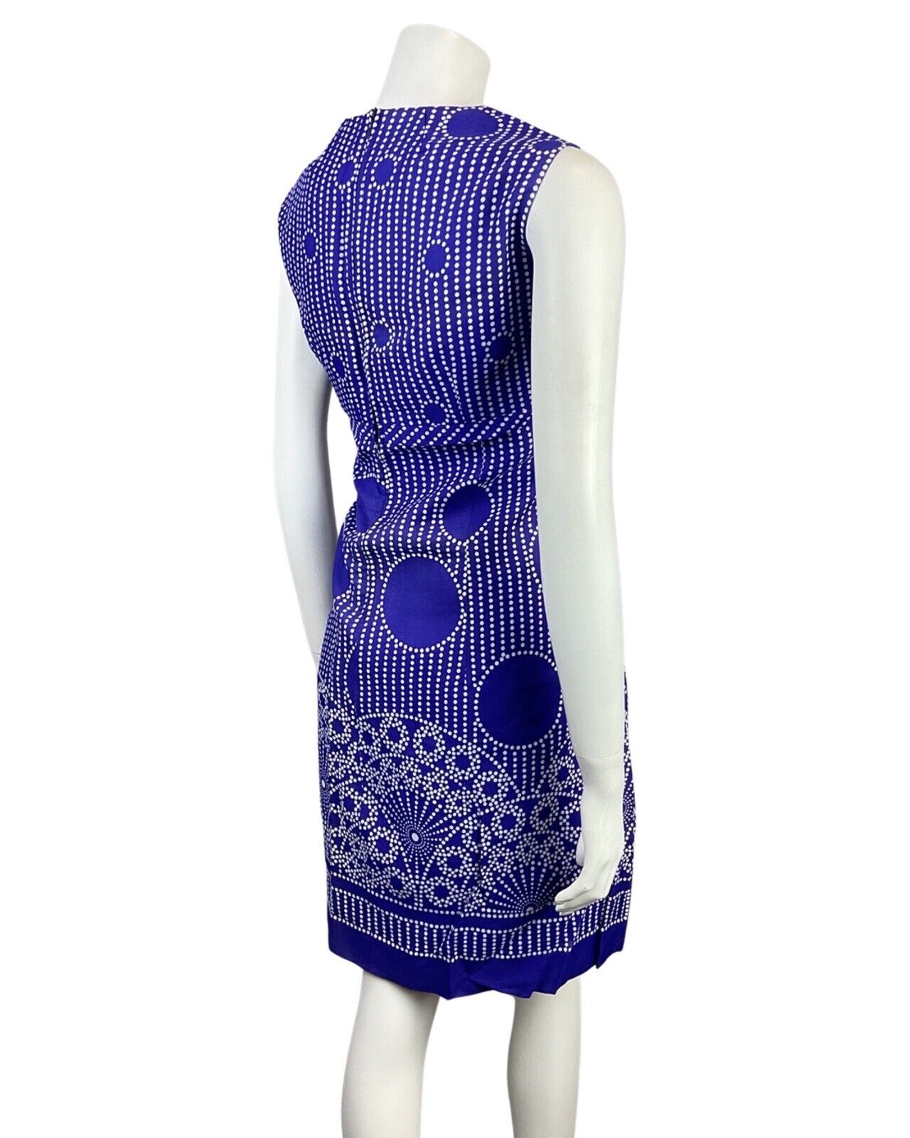 VINTAGE 60s 70s PURPLE WHITE POLKA-DOT STRIPED MANDALA MOD SLEEVELESS DRESS 14