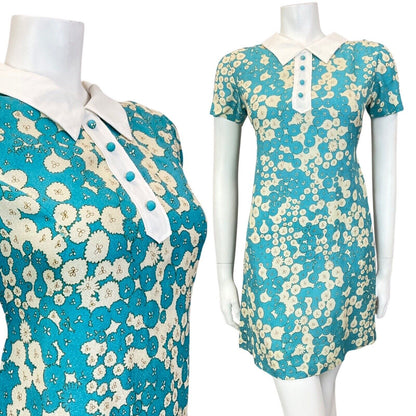 VINTAGE 60s 70s BLUE CREAM FLORAL ABSTRACT DITSY MOD SHORT SHIRT DRESS 10