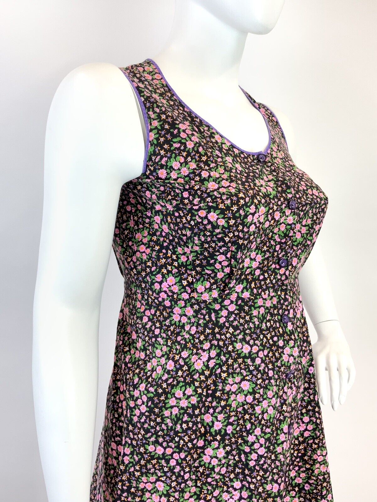 VTG 60s 70s BLACK PURPLE PINK FLORAL DITSY BOHO SLEEVELESS RUFFLE DRESS 16 18