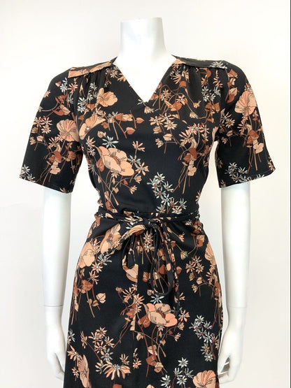 VTG 60s 70s BLACK PEACH BROWN BEIGE FLORAL LEAFY BELTED SHORT SLEEVE DRESS 12 14