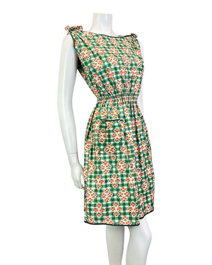 VINTAGE 60s 90s GREEN WHITE ORANGE GINGHAM CHECKED BERRY MOD SUMMER DRESS 10