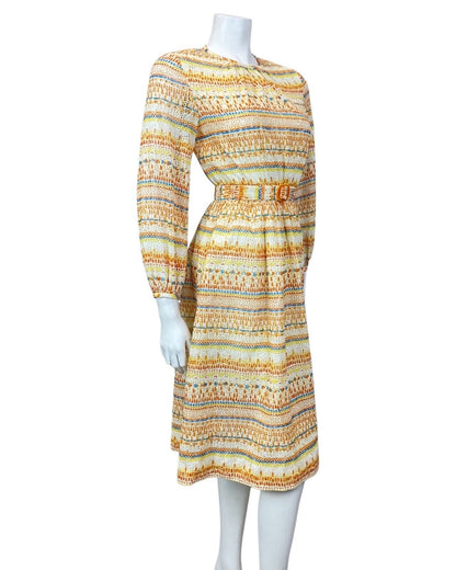 VINTAGE 60s 70s YELLOW BLUE ORANGE ANGLAISE EMBROIDERED STRIPED SHEER DRESS 4
