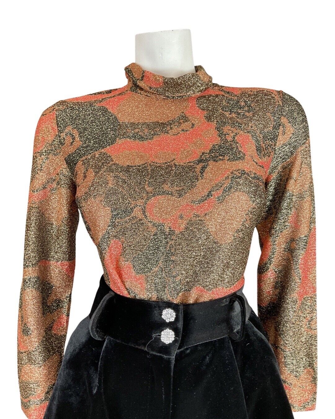 VINTAGE 60s 70s BROWN ORANGE GOLD PSYCHEDELIC TURTLENECK DISCO LUREX BLOUSE 12