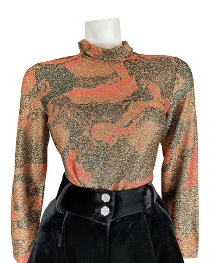 VINTAGE 60s 70s BROWN ORANGE GOLD PSYCHEDELIC TURTLENECK DISCO LUREX BLOUSE 12