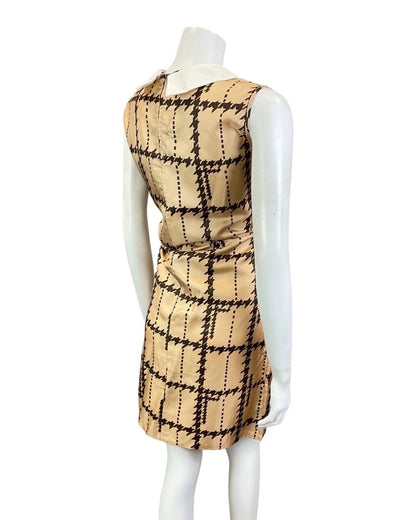 VINTAGE 60s 70s BROWN BRONZE HOUNDSTOOTH CHECKED MOD DAGGER SHIRT DRESS 8 10