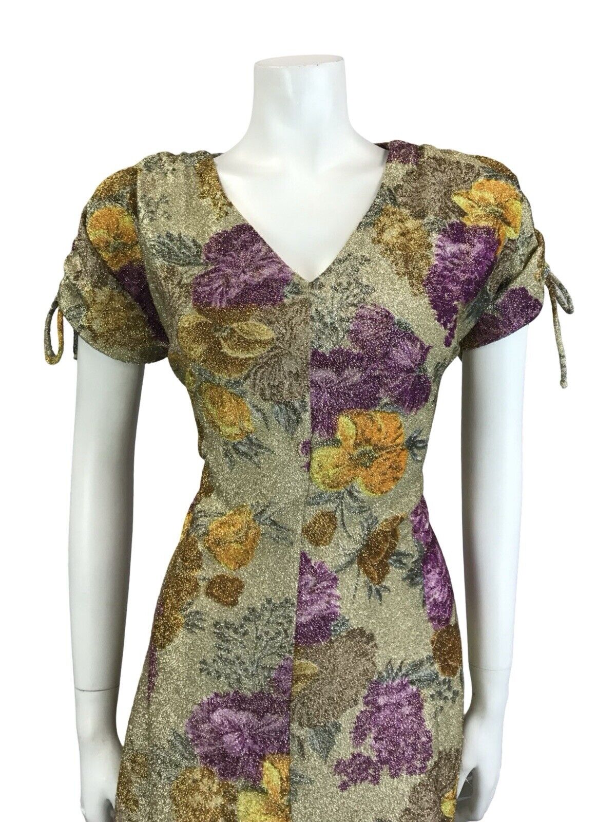 VTG 60S GOLD YELLOW PURPLE LUREX GLITTERING FLORAL V NECK PARTY DRESS 12 14 M
