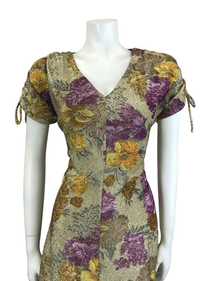 VTG 60S GOLD YELLOW PURPLE LUREX GLITTERING FLORAL V NECK PARTY DRESS 12 14 M