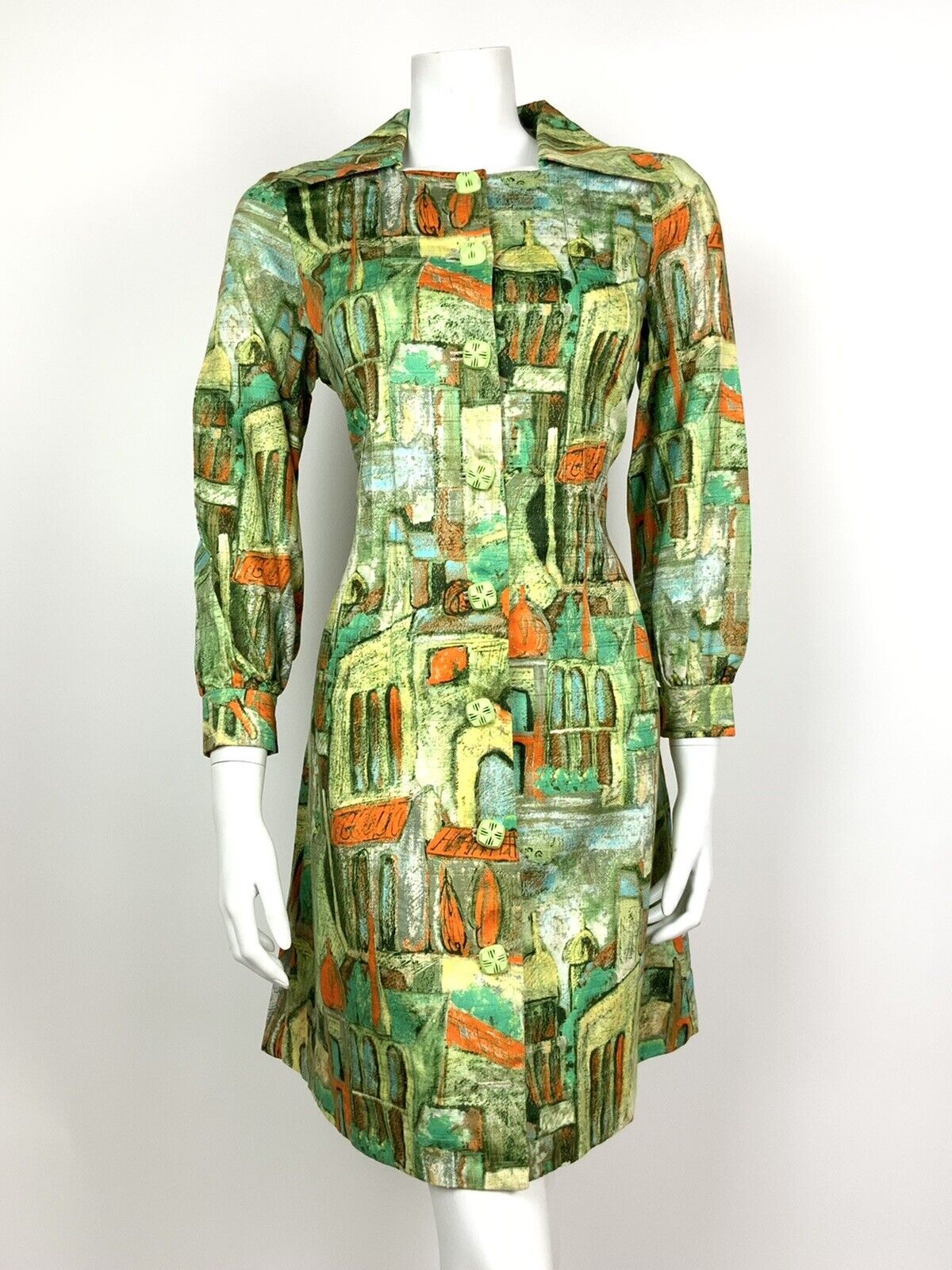 VINTAGE 60s 70s GREEN ORANGE BLUE ABSTRACT ARCH WING COLLAR SHIFT DRESS 14