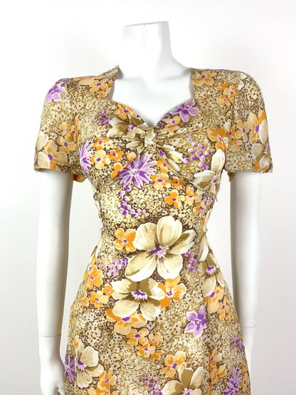 VTG 60s 70s CREAM BROWN PURPLE ORANGE FLORAL DITSY SWEETHEART TEA DRESS 10 12