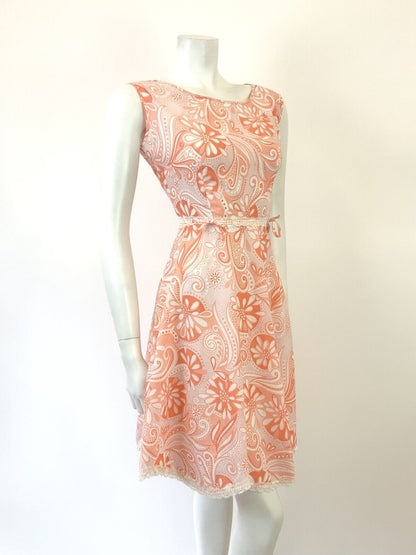 VTG 60s 70s PINK ORANGE WHITE PSYCHEDELIC FLORAL PAISLEY LACE MOD DRESS 10 12
