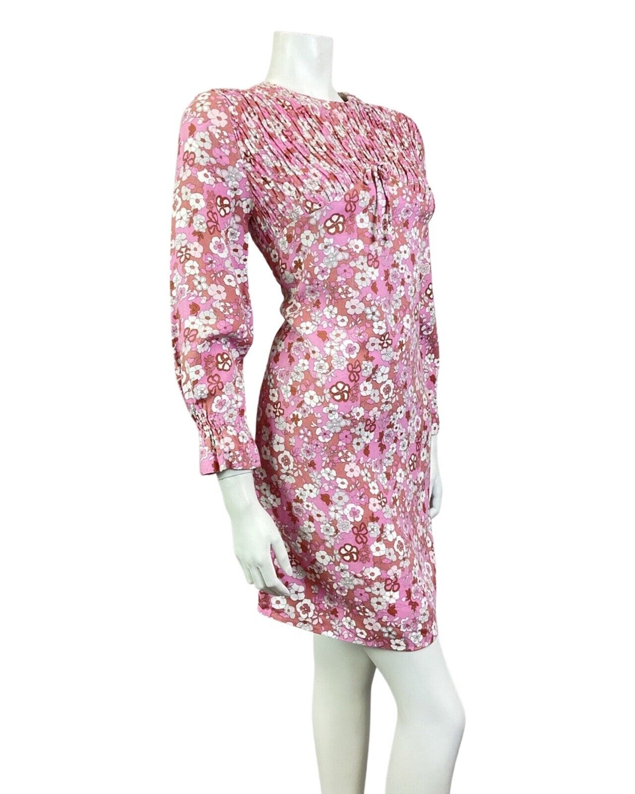VINTAGE 60s 70s PINK WHITE PURPLE DAISY FLOWER SHIRRED MOD SUMMER DRESS 10 12