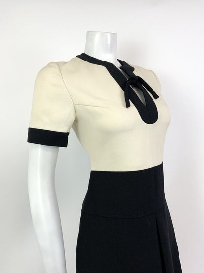 VINTAGE 60s LOUIS FERAUD CREAM BLACK BOW MOD WOOL SHORT DRESS 8 10