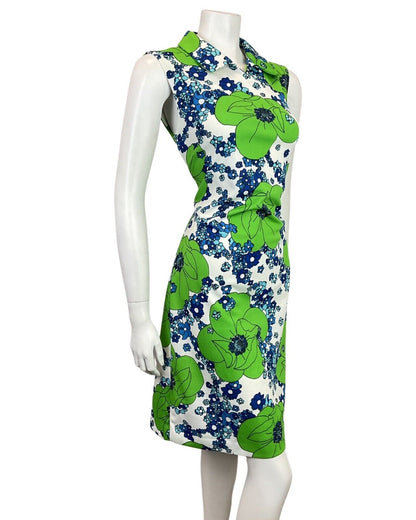 VINTAGE 60s 70s GREEN BLUE WHITE FLORAL MOD SUMMER SLEEVELESS DRESS 10