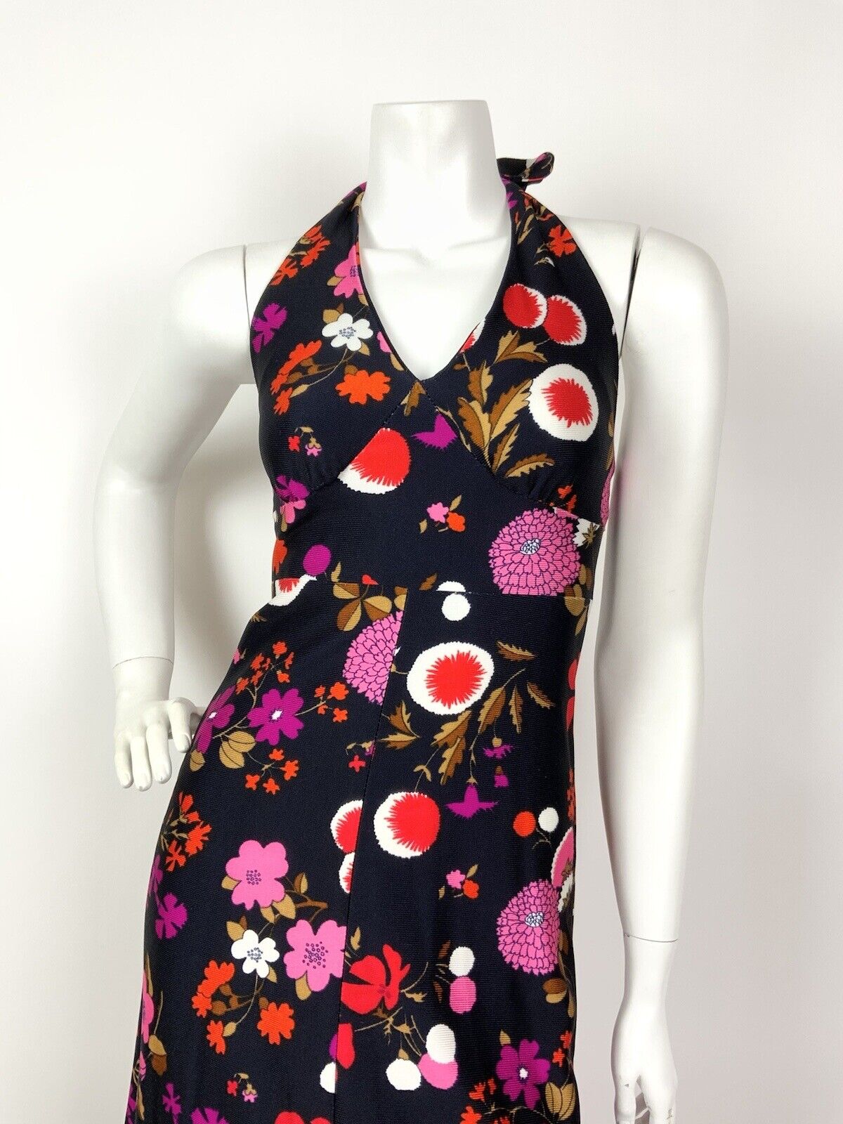 VTG 60s 70s PSYCHEDELIC BLUE RED PINK BROWN FLORAL HALTER MAXI SUMMER DRESS 8