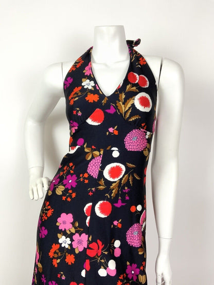 VTG 60s 70s PSYCHEDELIC BLUE RED PINK BROWN FLORAL HALTER MAXI SUMMER DRESS 8