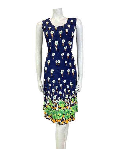 VINTAGE 60s 70s BLUE WHITE GREEN FLORAL ABSTRACT SLEEVELESS SUMMER DRESS 16 18