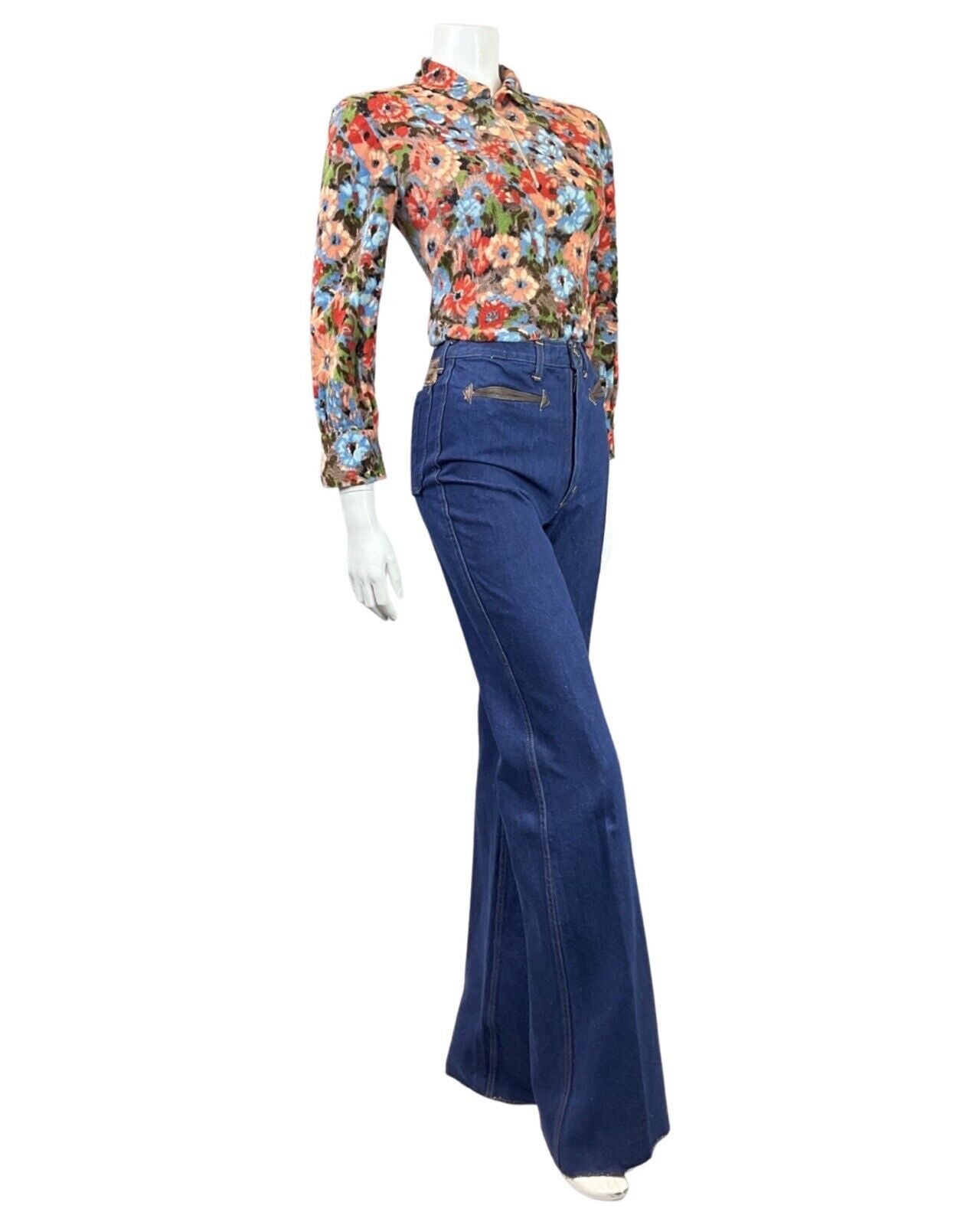 VTG 60s 70s ORANGE BLUE RED FLORAL FLEECE ZIP-UP MOD DAGGER BLOUSE 10 12
