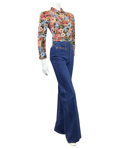 VTG 60s 70s ORANGE BLUE RED FLORAL FLEECE ZIP-UP MOD DAGGER BLOUSE 10 12