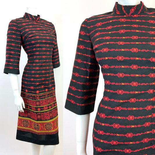 VINTAGE 60s 70s BLACK RED GOLD STRIPED AZTEC GEOMETRIC SHIFT DRESS 10 12