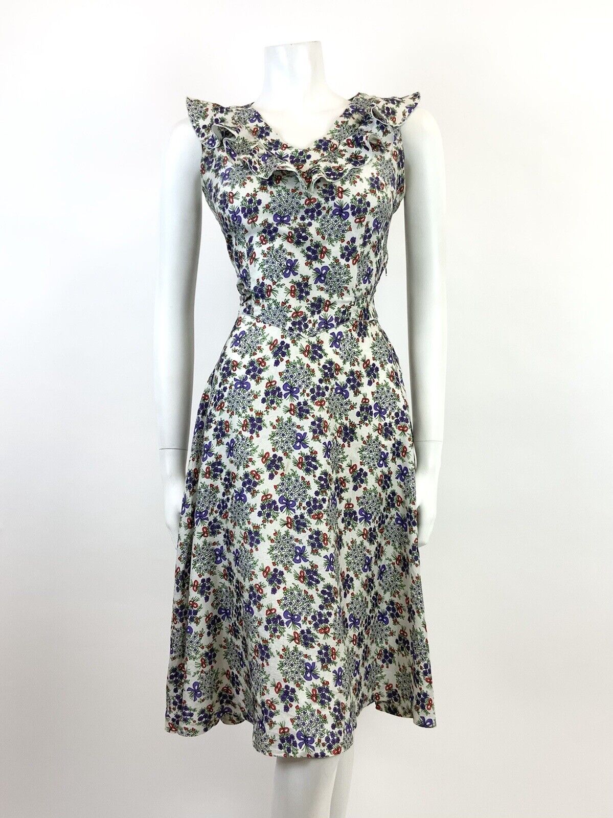 VINTAGE 60s 70s WHITE PURPLE RED GREEN FLORAL BOUQUET BOW RUFFLE DRESS 8