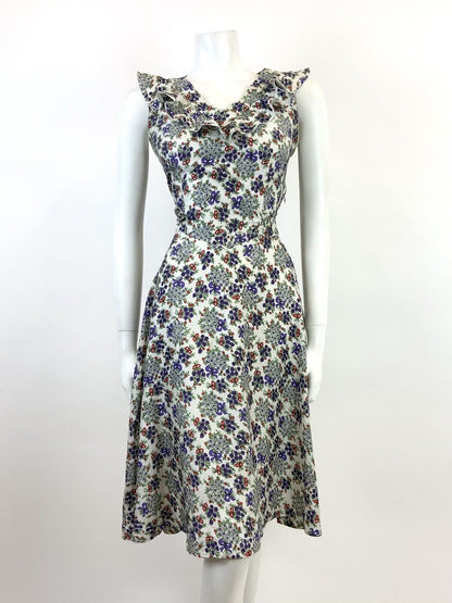 VINTAGE 60s 70s WHITE PURPLE RED GREEN FLORAL BOUQUET BOW RUFFLE DRESS 8