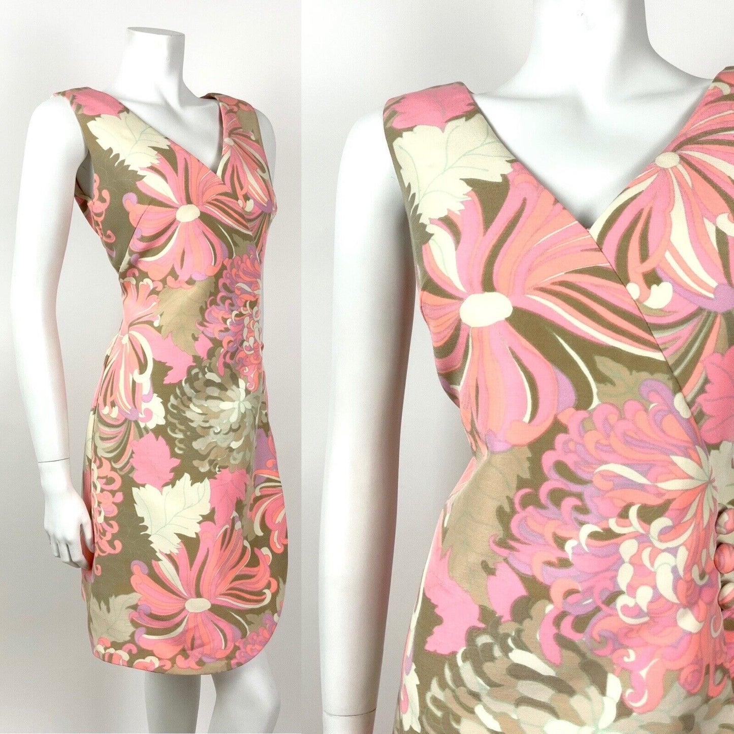 VINTAGE 60s 70s NEON PINK PURPLE BEIGE BROWN PSYCHEDELIC FLORAL WRAP DRESS 12