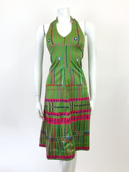 VINTAGE 60s 70s GREEN BLUE PINK GEOMETRIC STRIPED HALTER DRESS 10
