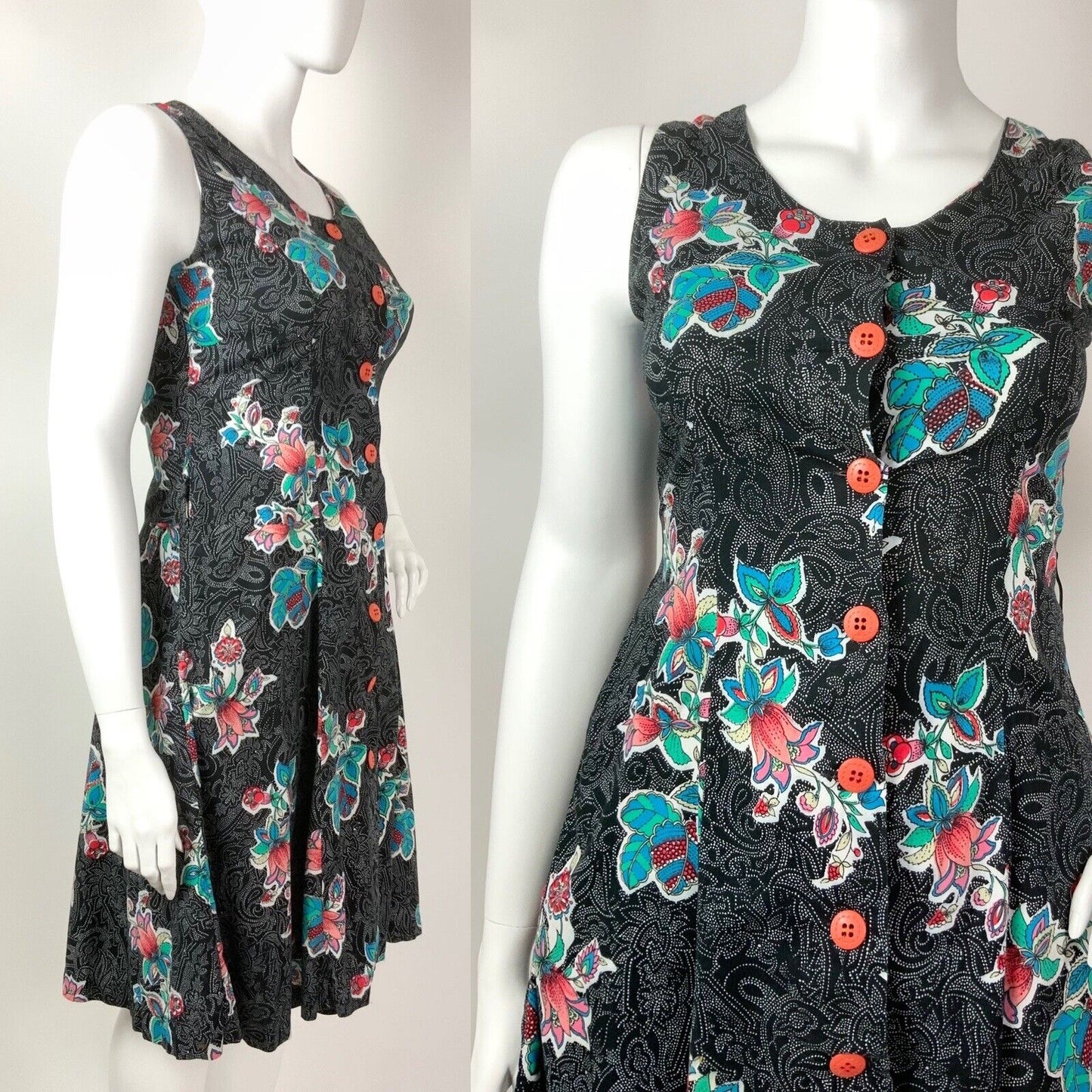 VINTAGE 70s 80s BLACK WHITE BLUE ORANGE DOTTY FLORAL PAISLEY SLEEVELESS DRESS 16