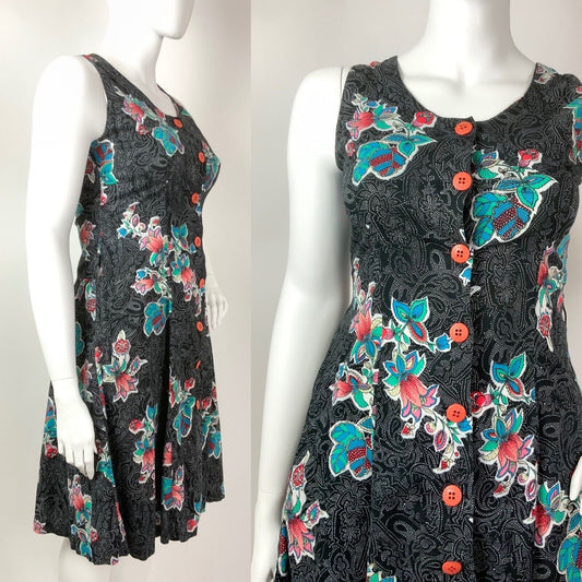 VINTAGE 70s 80s BLACK WHITE BLUE ORANGE DOTTY FLORAL PAISLEY SLEEVELESS DRESS 16