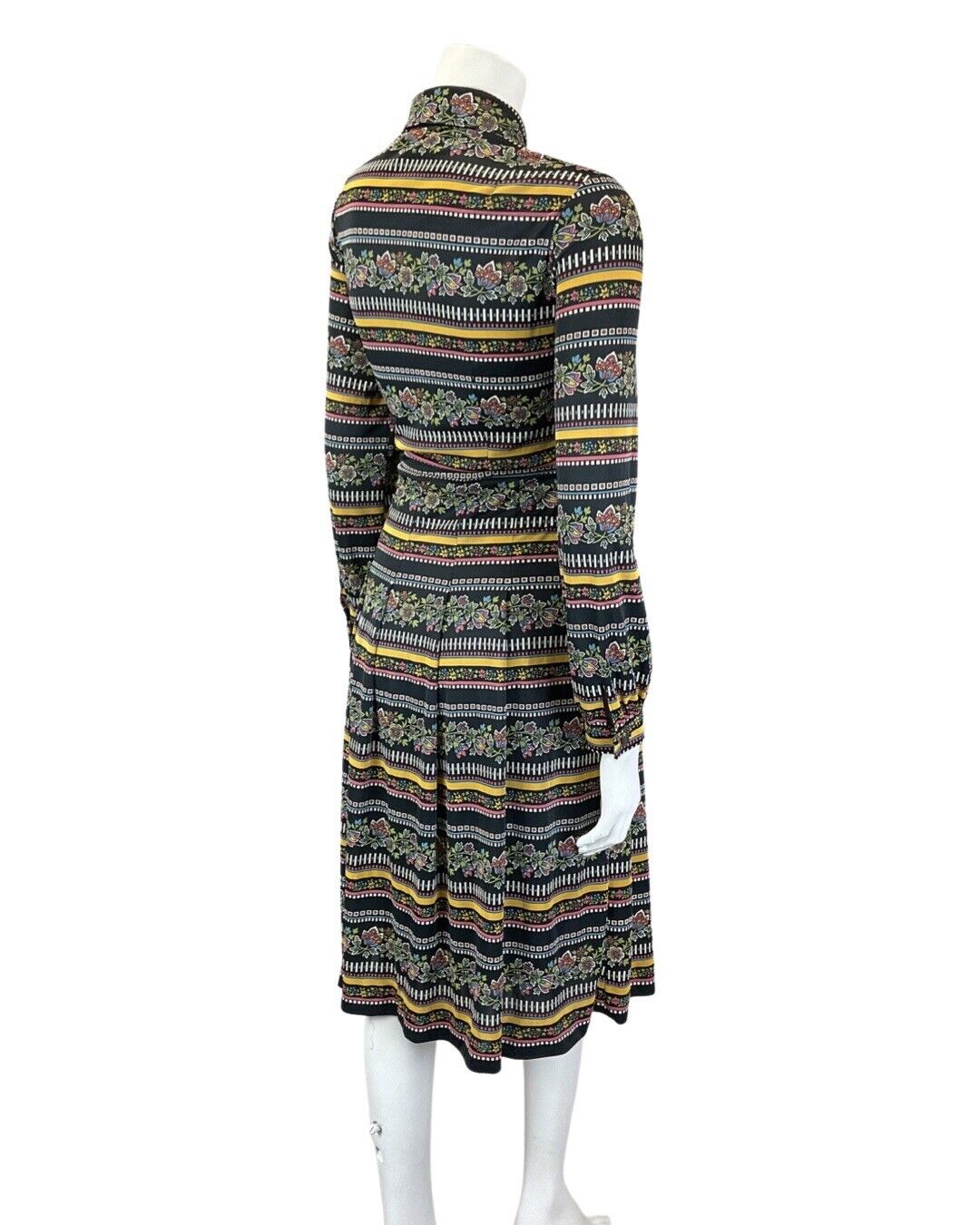 VINTAGE 60s 70s BLACK YELLOW BLUE STRIPED FLORAL MOD MIDI DAGGER SHIRT DRESS 10