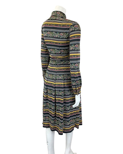 VINTAGE 60s 70s BLACK YELLOW BLUE STRIPED FLORAL MOD MIDI DAGGER SHIRT DRESS 10