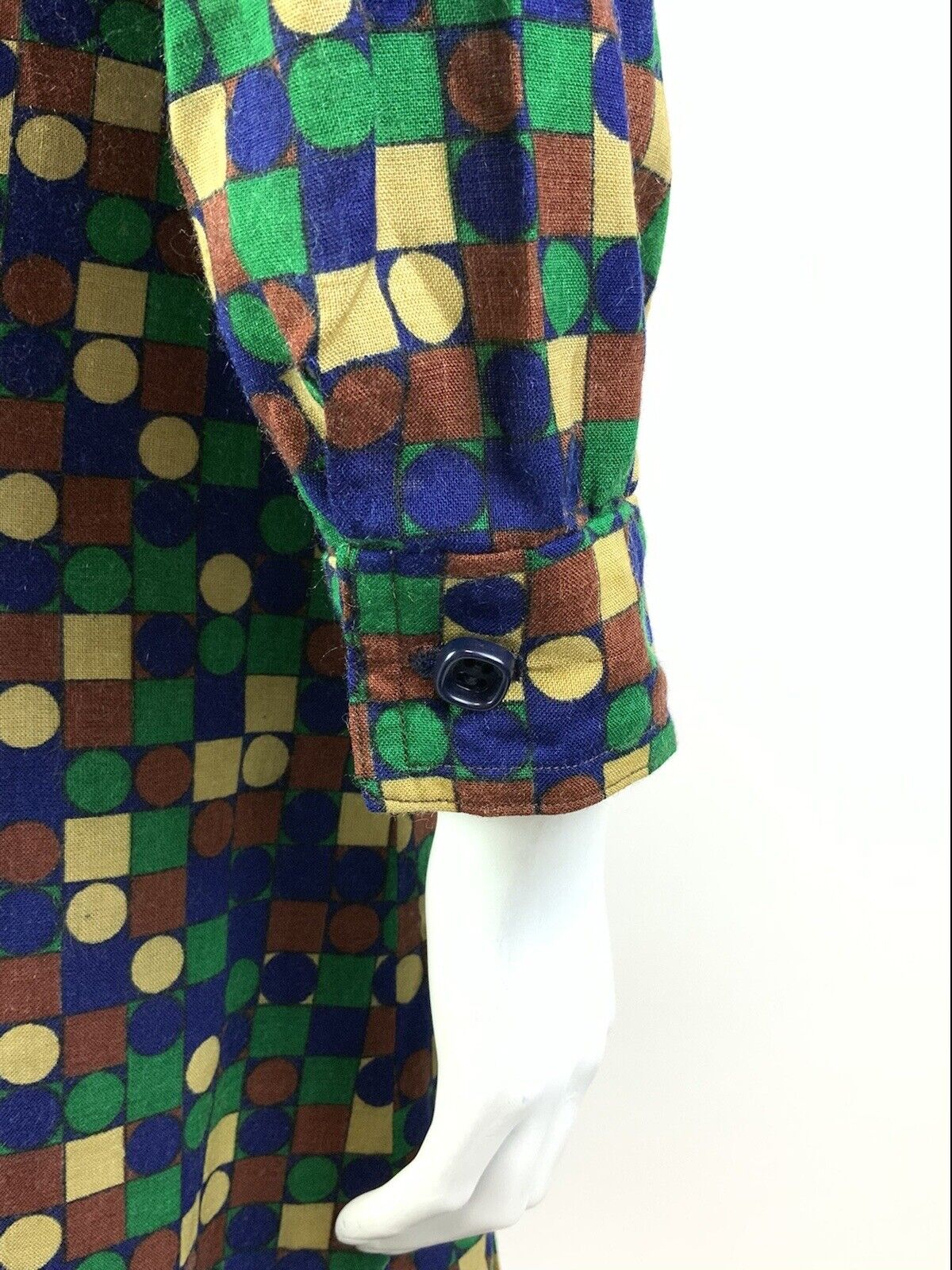 VINTAGE 60s 70s GREEN BLUE BROWN GEOMETRIC CHECKED DOTTY DAGGER SHIRT DRESS 12