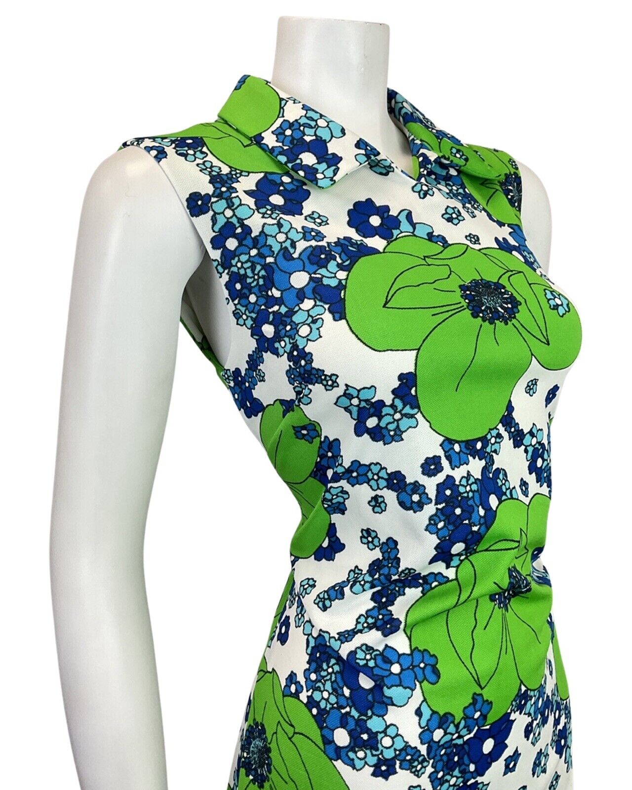 VINTAGE 60s 70s GREEN BLUE WHITE FLORAL MOD SUMMER SLEEVELESS DRESS 10