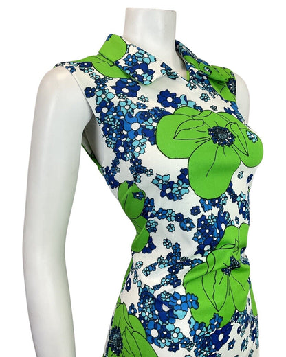 VINTAGE 60s 70s GREEN BLUE WHITE FLORAL MOD SUMMER SLEEVELESS DRESS 10