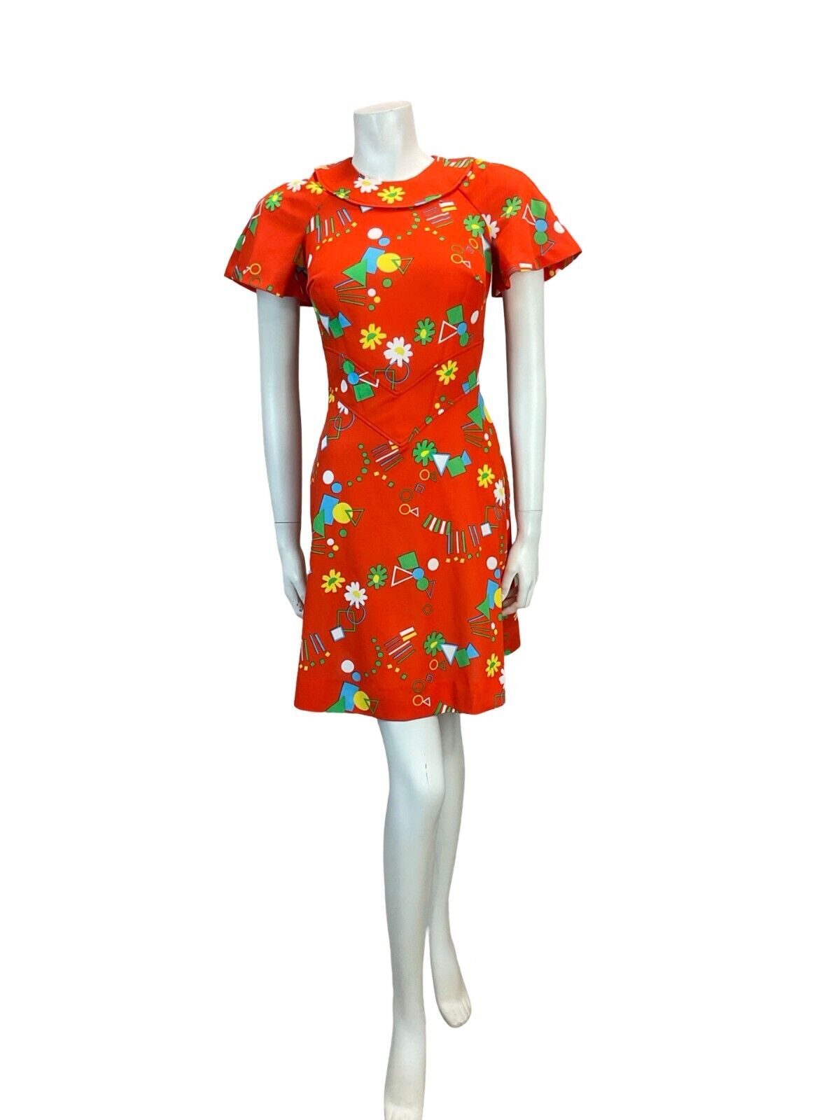 VTG 70S GEOMETRIC FLORAL DAISY MINI DRESS RED GREEN BLUE YELLOW 6 8