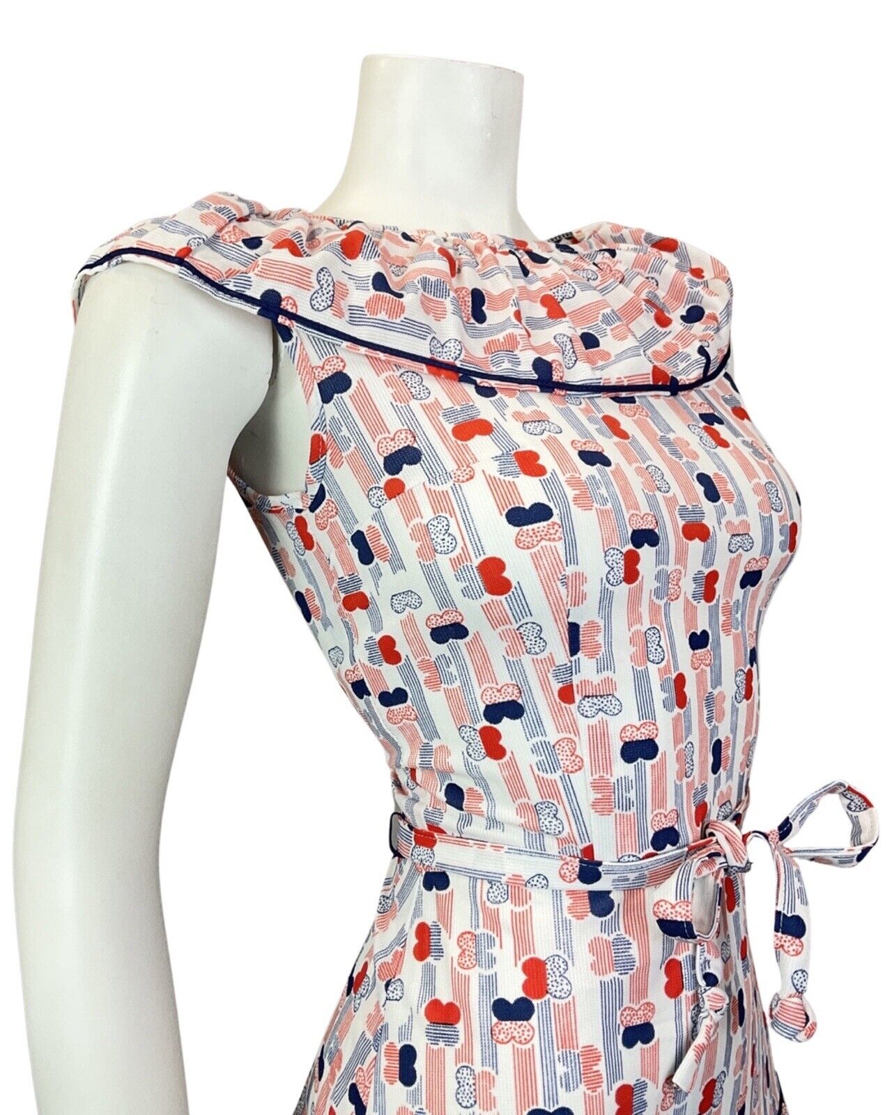 VINTAGE 60s 70s WHITE RED BLUE STRIPED BUTTERFLY SLEEVELESS SWING DRESS 8 10