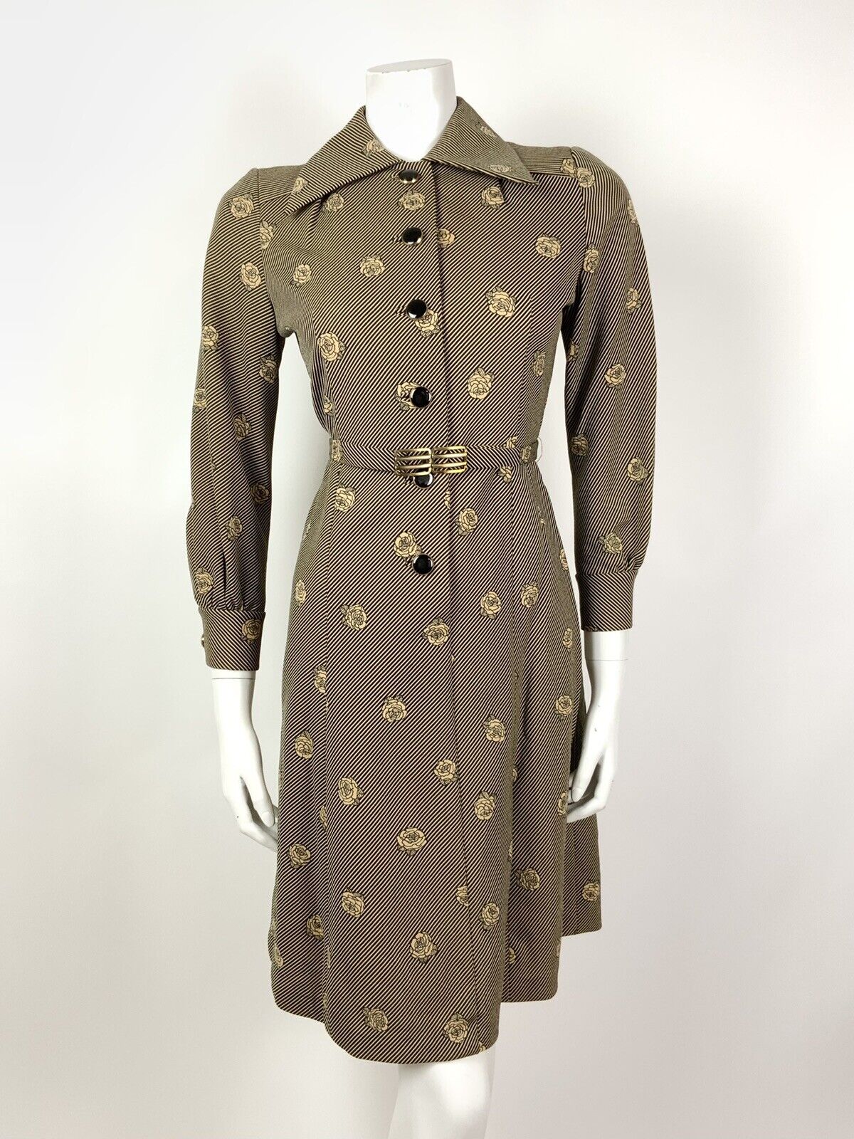 VINTAGE 60s 70s GOLD BLACK STRIPED ROSE FLORAL DAGGER SHIRT DRESS 10 12