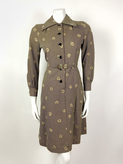 VINTAGE 60s 70s GOLD BLACK STRIPED ROSE FLORAL DAGGER SHIRT DRESS 10 12